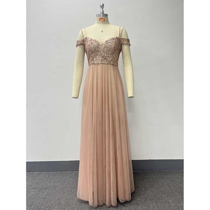 Rose Gold Long Prom Dress Off The Shoulder A Line Sequin Bridesmaid Dress