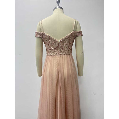 Rose Gold Long Prom Dress Off The Shoulder A Line Sequin Bridesmaid Dress