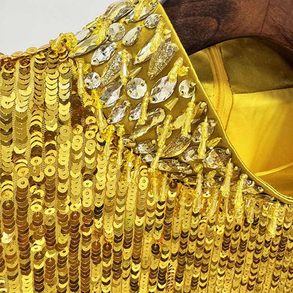 Gold Sequin Embellished High-Neck Gown With Sleeves