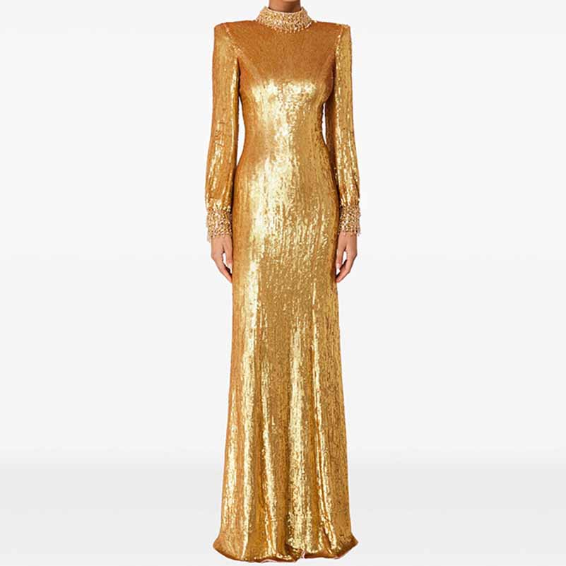 Gold Sequin Embellished High-Neck Gown With Sleeves