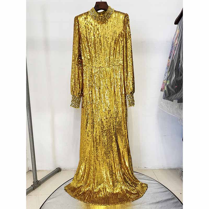 Gold Sequin Embellished High-Neck Gown With Sleeves
