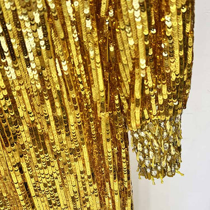 Gold Sequin Embellished High-Neck Gown With Sleeves