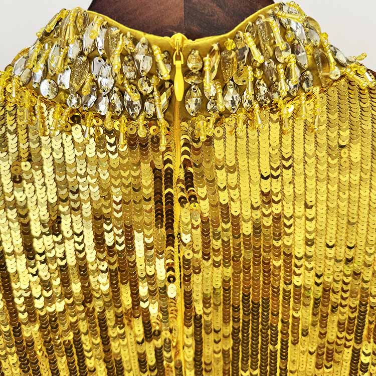 Gold Sequin Embellished High-Neck Gown With Sleeves