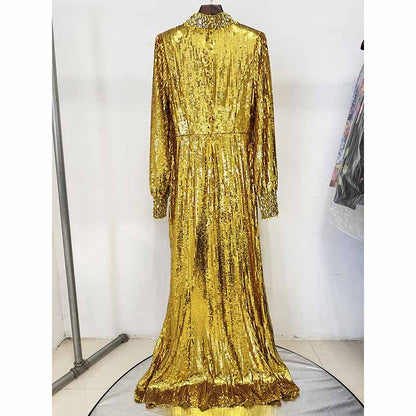 Gold Sequin Embellished High-Neck Gown With Sleeves