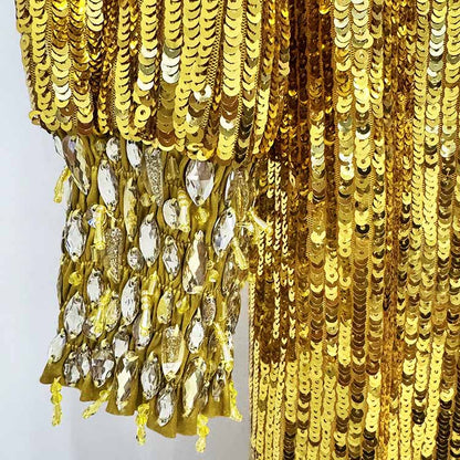 Gold Sequin Embellished High-Neck Gown With Sleeves