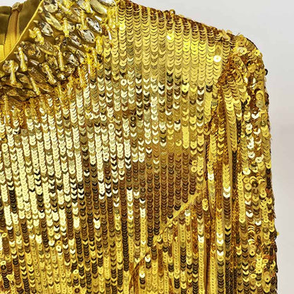 Gold Sequin Embellished High-Neck Gown With Sleeves