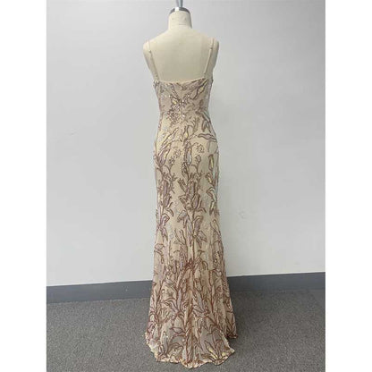 Gold Sequin Long Prom Dress A Line High Split Evening Dress