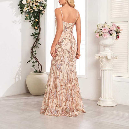 Gold Sequin Long Prom Dress A Line High Split Evening Dress