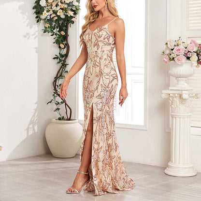 Gold Sequin Long Prom Dress A Line High Split Evening Dress