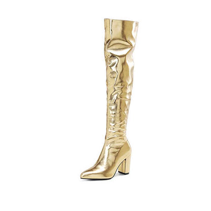 Women Metallic Over The Knee Boots High Pointed Toe Thick Heels Dress Zipper Boots