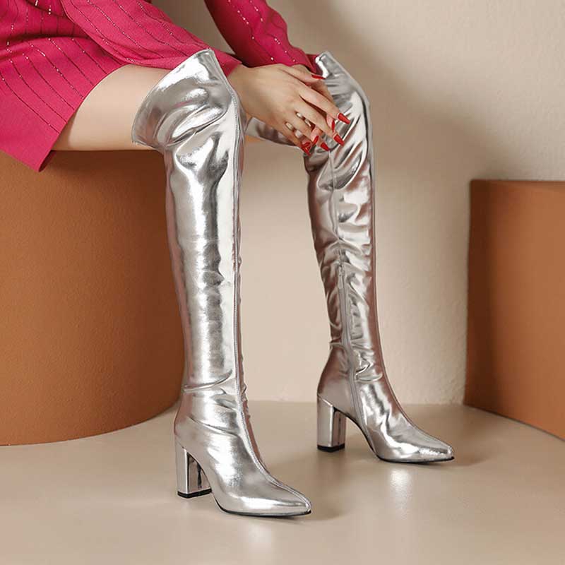 Women Metallic Over The Knee Boots High Pointed Toe Thick Heels Dress Zipper Boots