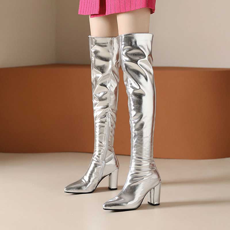 Women Metallic Over The Knee Boots High Pointed Toe Thick Heels Dress Zipper Boots