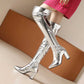 Women Metallic Over The Knee Boots High Pointed Toe Thick Heels Dress Zipper Boots