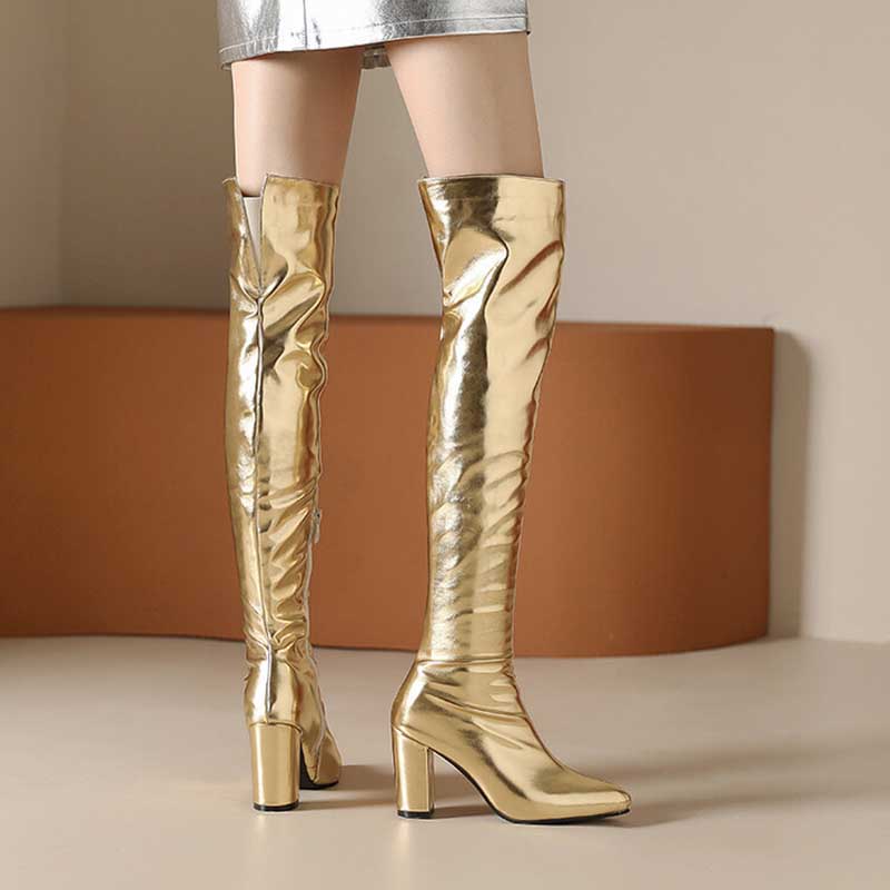 Women Metallic Over The Knee Boots High Pointed Toe Thick Heels Dress Zipper Boots