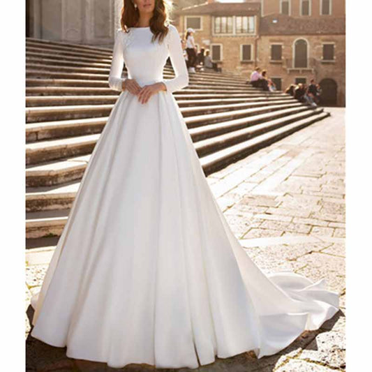 A-line Princess Bateau Long Sleeves Sweep Train Satin Wedding Dress