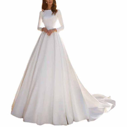 A-line Princess Bateau Long Sleeves Sweep Train Satin Wedding Dress