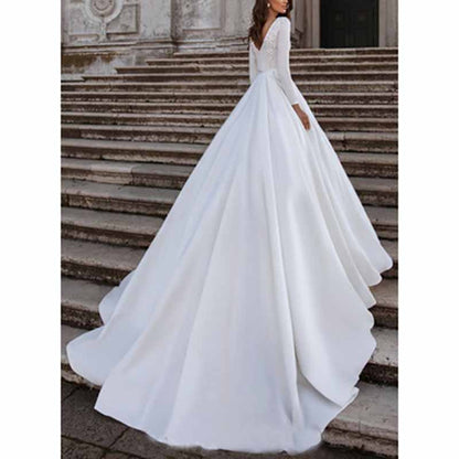 A-line Princess Bateau Long Sleeves Sweep Train Satin Wedding Dress