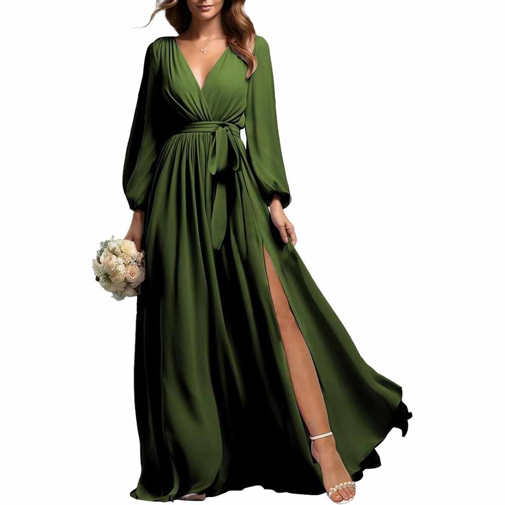 sd-hk long sleeve chiffon bridesmaid dress in olive green with wrap waist and high slit