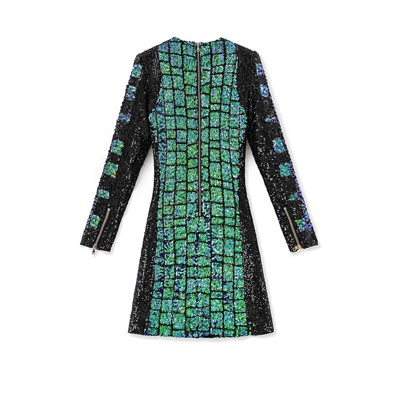 Stylish green sequin mini dress with a fitted silhouette and long sleeves for a chic look