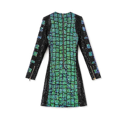 Stylish green sequin mini dress with a fitted silhouette and long sleeves for a chic look