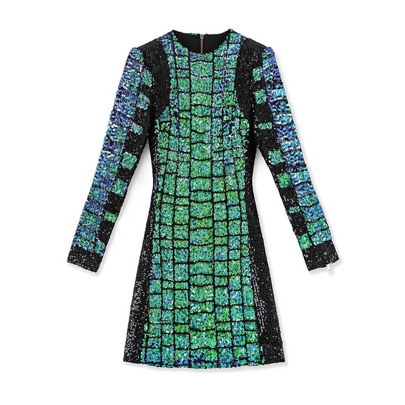 Stylish green sequin mini dress featuring a grid design and long sleeves, perfect for evening events