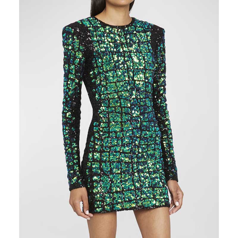 Stylish green sequin mini dress with long sleeves and shimmering design for a chic look