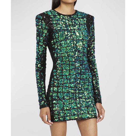 Stylish green sequin mini dress with long sleeves and shimmering design for a chic look
