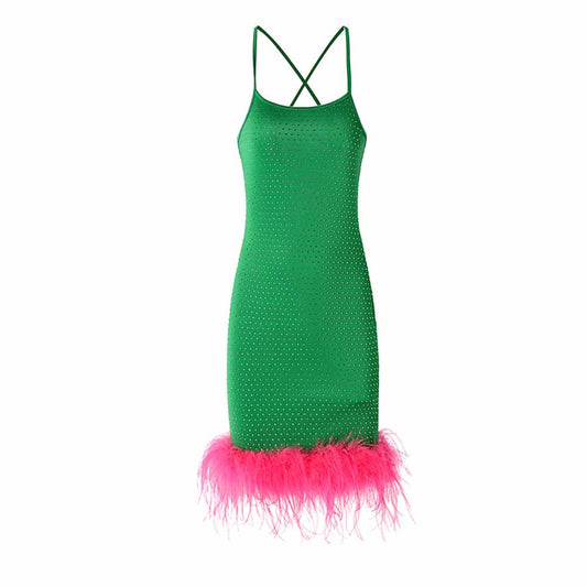 Women Pink Ostrichfeather Trimmed Mini Green Dress