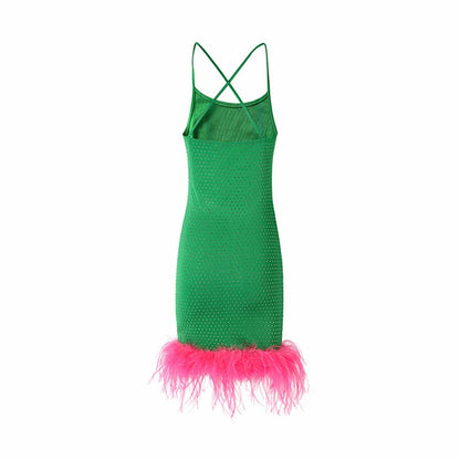 Women Pink Ostrichfeather Trimmed Mini Green Dress