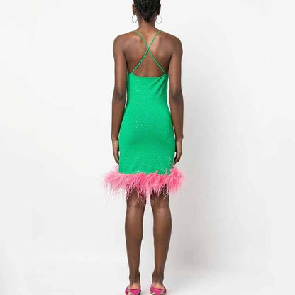 Women Pink Ostrichfeather Trimmed Mini Green Dress