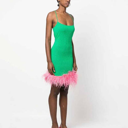 Women Pink Ostrichfeather Trimmed Mini Green Dress