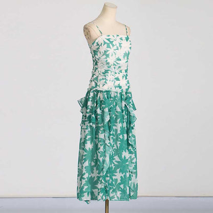 Green Printed Strapless Maxi Dress