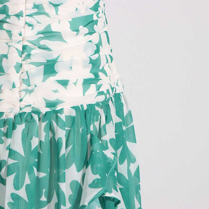 Green Printed Strapless Maxi Dress