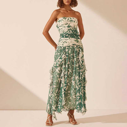 Green Printed Strapless Maxi Dress