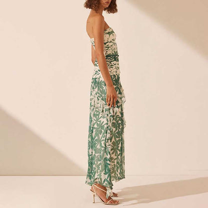 Green Printed Strapless Maxi Dress