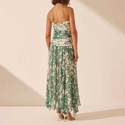 Green Printed Strapless Maxi Dress