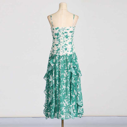 Green Printed Strapless Maxi Dress