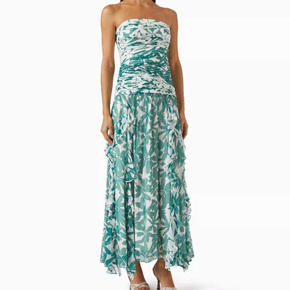 Green Printed Strapless Maxi Dress