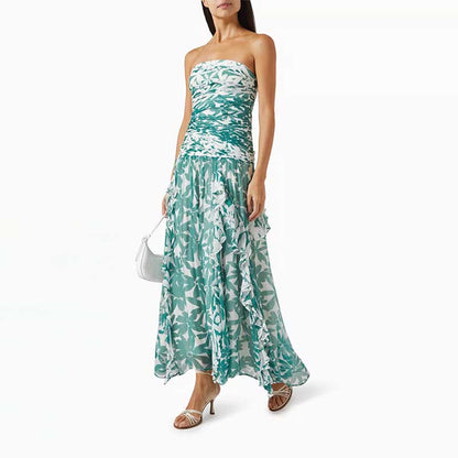 Green Printed Strapless Maxi Dress
