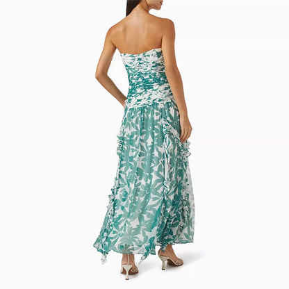 Green Printed Strapless Maxi Dress