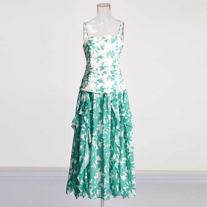 Green Printed Strapless Maxi Dress