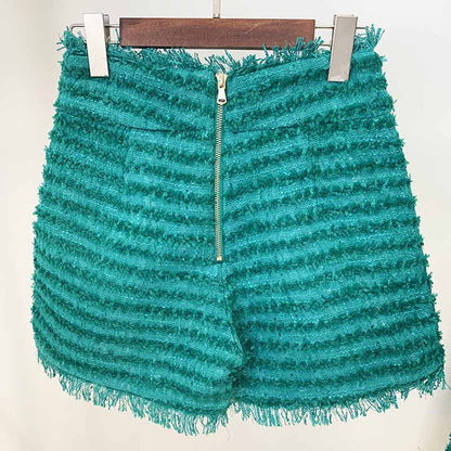 Women Turquoise Tweed Golden Buttons Fitted Blazer + Mid- Waist Shorts Suit / Party Suit / Wedding Suit