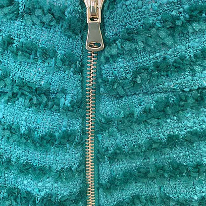 Women Turquoise Tweed Golden Buttons Fitted Blazer + Mid- Waist Shorts Suit / Party Suit / Wedding Suit