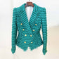 Women Turquoise Tweed Golden Buttons Fitted Blazer + Mid- Waist Shorts Suit / Party Suit / Wedding Suit