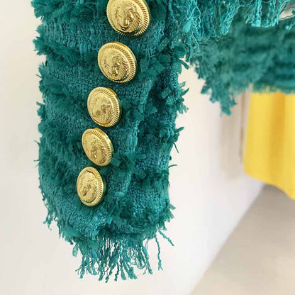 Women Turquoise Tweed Golden Buttons Fitted Blazer + Mid- Waist Shorts Suit / Party Suit / Wedding Suit