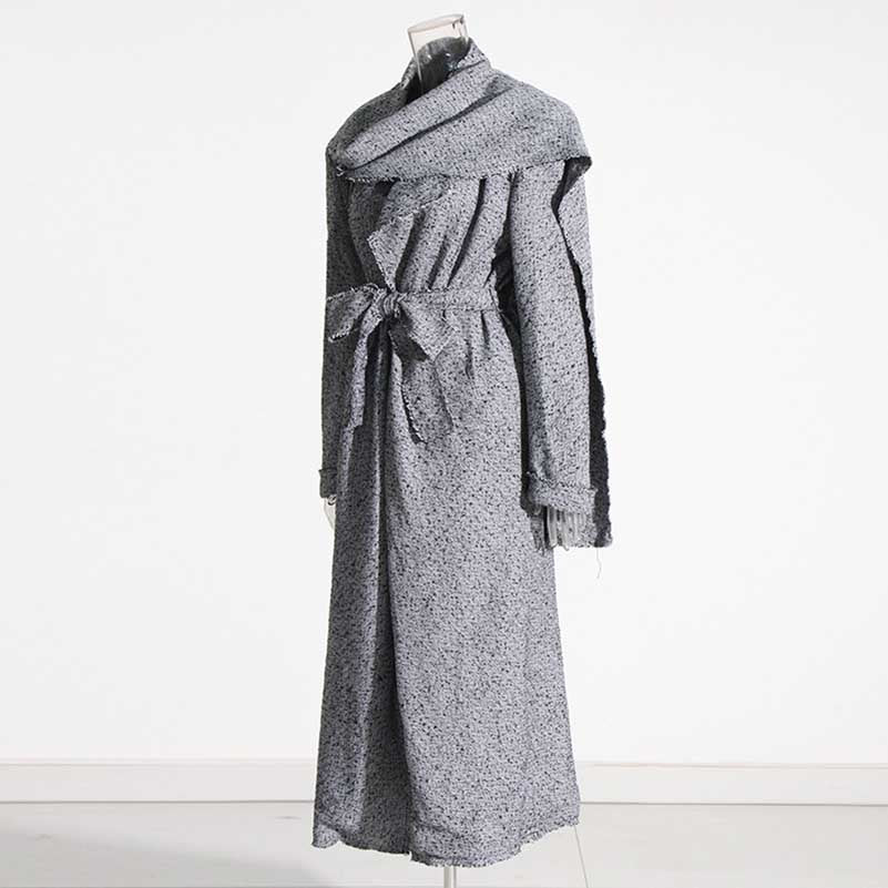 Scarf Trench Coat Lace-Up Grey Over-Size Long Coat