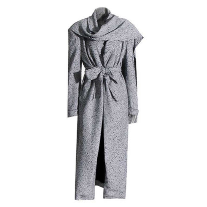 Scarf Trench Coat Lace-Up Grey Over-Size Long Coat