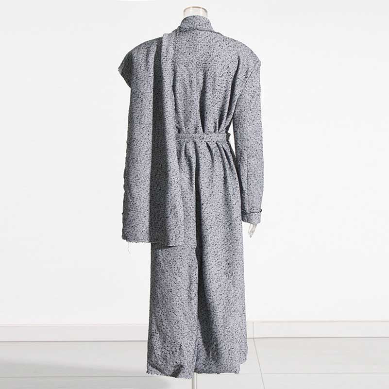 Scarf Trench Coat Lace-Up Grey Over-Size Long Coat