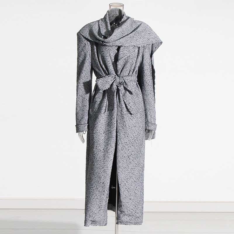 Scarf Trench Coat Lace-Up Grey Over-Size Long Coat