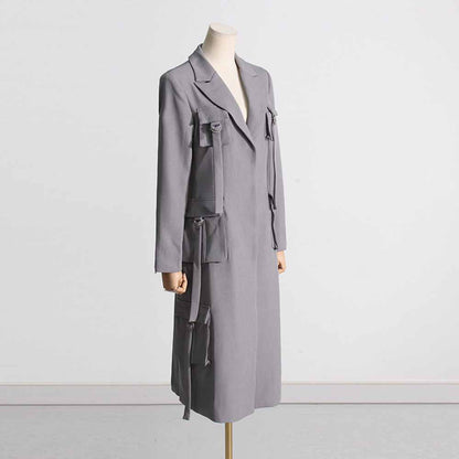 Pockets Grey Long Sleeves Embellished Coat Long Outwear Jacket